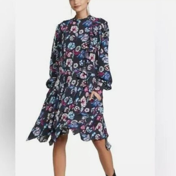 Isabel Marant Silk Floral Long Sleeve Verikio Dress 36 $1395 blue black - Picture 1 of 11